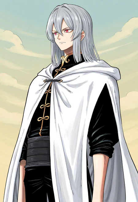 lazympos, 1boy, solo, male focus, grey hair, straight hair, medium hair, hair between eyes, red eyes, tousled hair, black clothes, black changshan, rolled sleeves, black pants, white cloak, cape
