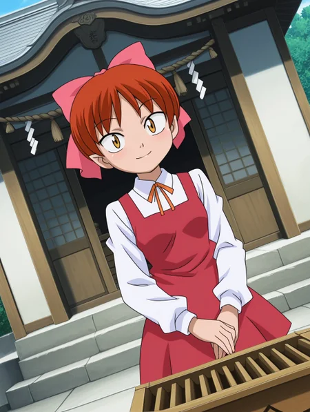 masterpiece, best quality, amazing quality, detailed background, perfect eyes, anime coloring, anime screenshot, 2000s \(style\), 1girl, solo, nekomusume (gegege no kitaro 5), red hair, short hair, pink hair bow, yellow eyes, small breasts, white shirt, long sleeves, orange lace ribbon, red dress, pink footwear, looking at viewer, smile, dutch angle, cowboy shot, (outdoors, japanese temple, shinto shrine, donation box, shimenawa)