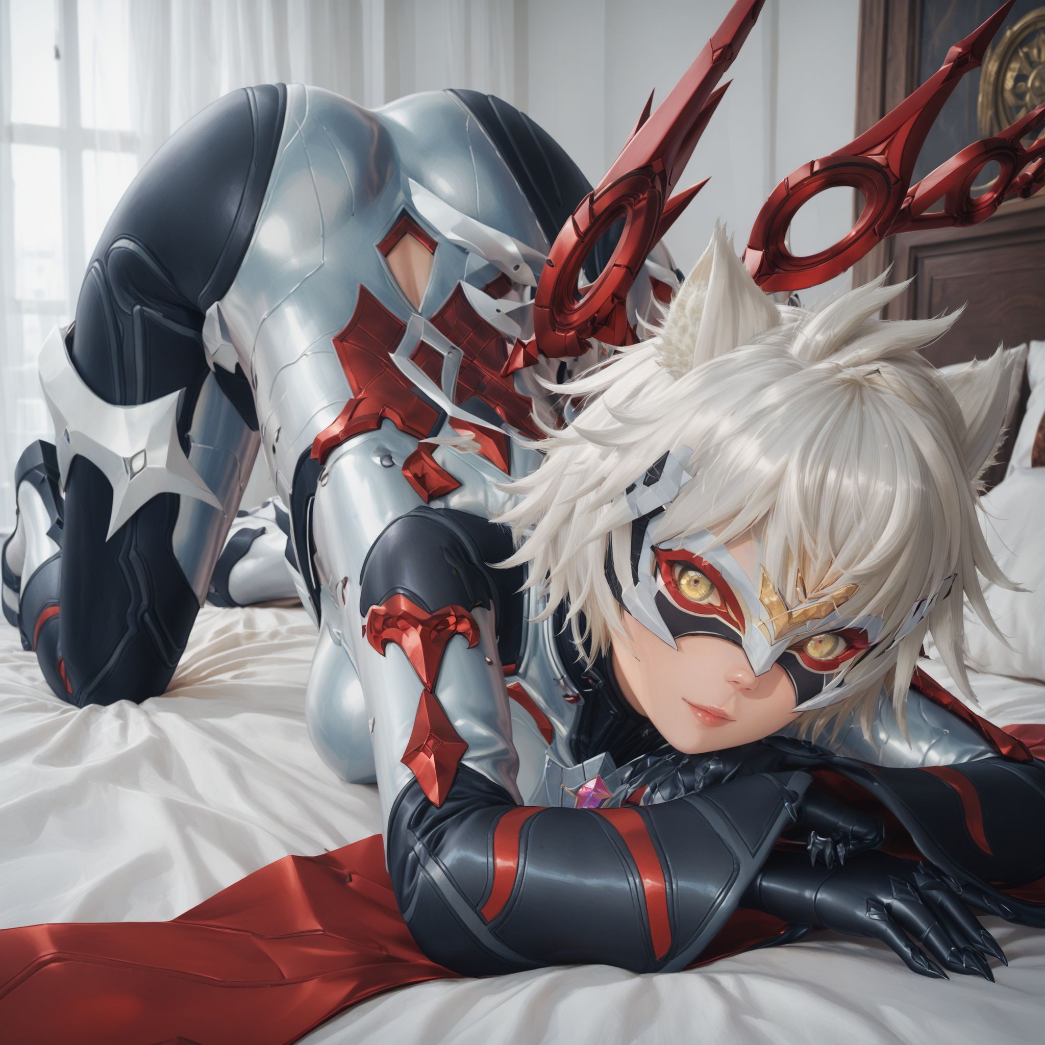 score_9, score_8_up, score_8, score_7_up, score_7, masterpiece, high quality, best quality,  high resolution, highly detailed, beautiful detailed eyes, <lora:d3t41l3dXLP:1> d3t41l3d, <lora:nael xl 086:1> 1girl, solo, na'el, messy hair, pale yellow eyes, large breast, chest jewel, multicolored bodysuit, aegis core, mechanical wings, bodysuit sleeves, bodysuit chaps, bodysuit footwear, mask, bedroom, on the bed, top-down bottom-up, facing away, looking at viewer, ass focus