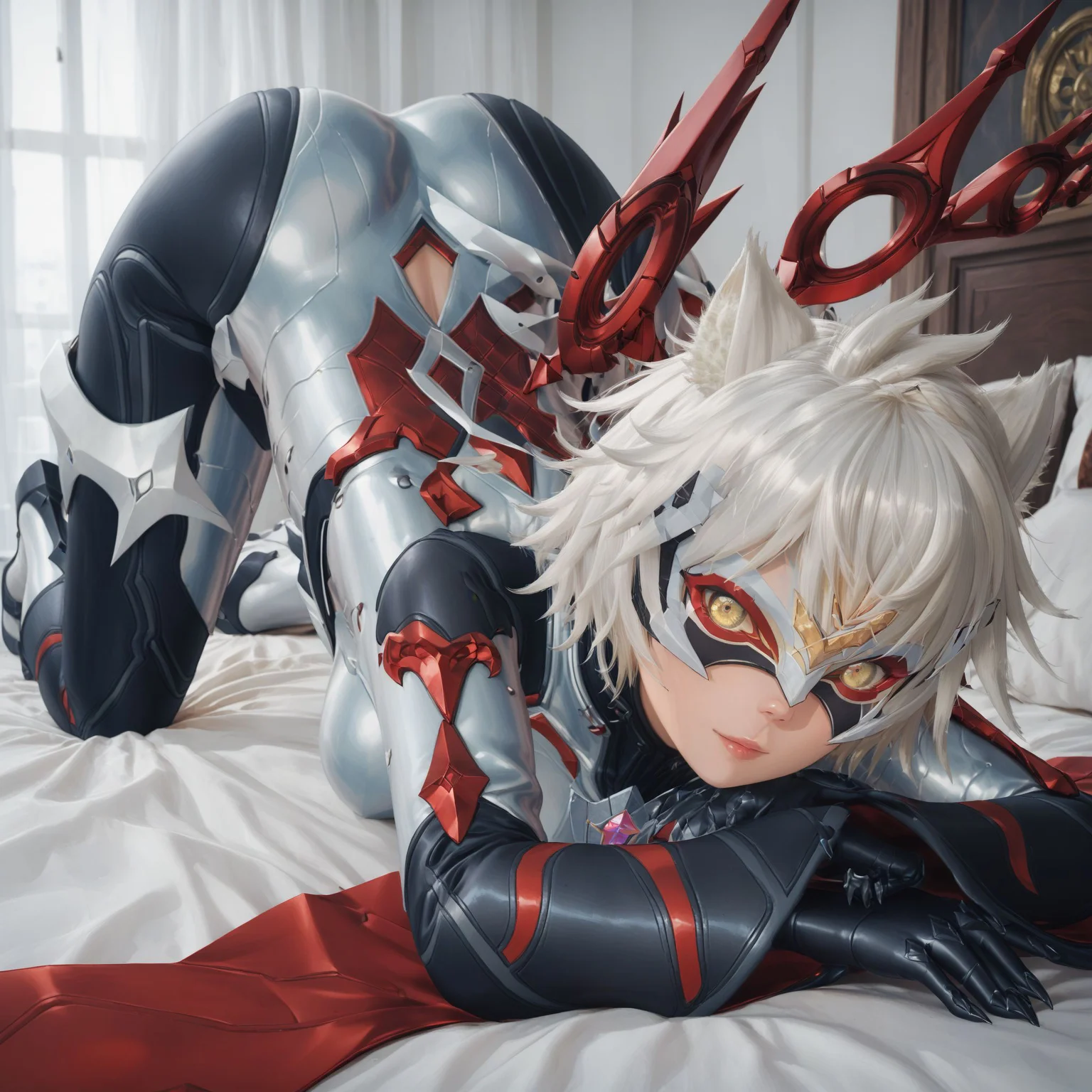score_9, score_8_up, score_8, score_7_up, score_7, masterpiece, high quality, best quality, high resolution, highly detailed, beautiful detailed eyes, <lora:d3t41l3dXLP:1> d3t41l3d, <lora:nael xl 086:1> 1girl, solo, na'el, messy hair, pale yellow eyes, large breast, chest jewel, multicolored bodysuit, aegis core, mechanical wings, bodysuit sleeves, bodysuit chaps, bodysuit footwear, mask, bedroom, on the bed, top-down bottom-up, facing away, looking at viewer, ass focus
