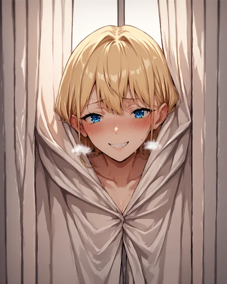 score_9, score_8_up, score_7_up, source_anime BREAK 1girl, curtains, curtain grab, blush, smile, looking at viewer, blonde hair, blue eyes, close up, <lora:What_are_you_doing_behind_the_curtain:1>, rating_questionable