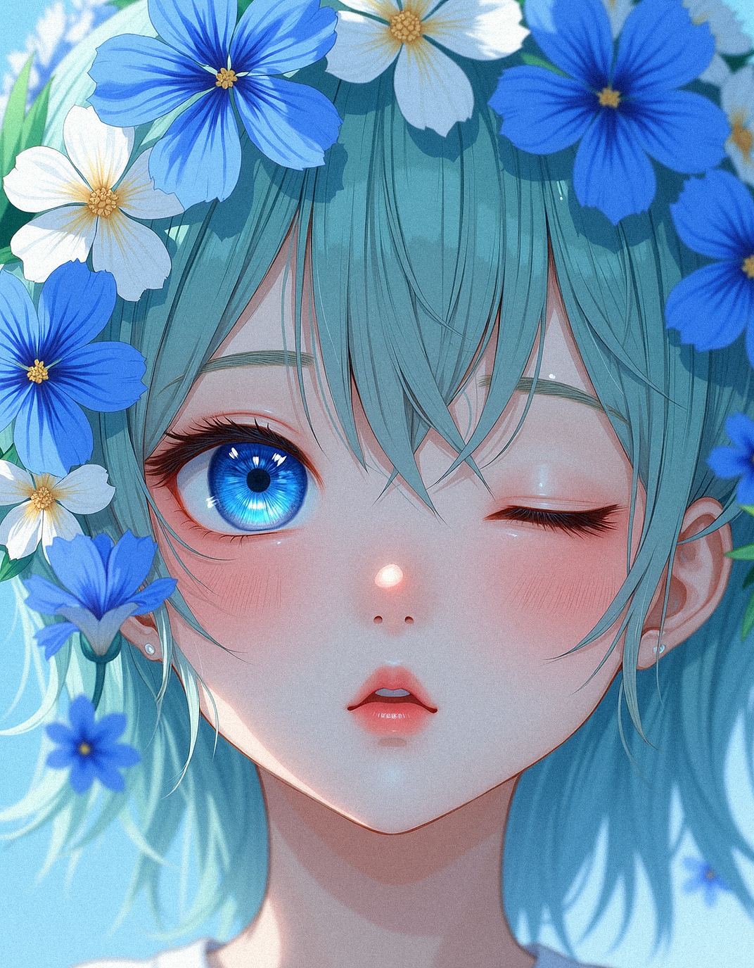 Envision a delicate anime-inspired portrait of a character with pastel blue and green hair, whose face is partially enveloped by a cascade of blue flowers. Their single visible eye, a stunning shade of blue, reflects intricate gem-like patterns that add a fantastical, otherworldly quality. The flowers, blooming in a gradient of blue shades with subtle accents of pink and white, seem to be a natural extension of the character, as if they are a part of them. Set against a soft, blurred background, the flowers and skin textures are emphasized, bringing out the ethereal and dreamlike essence of this fusion between human and nature.

Visual Aesthetics to Enhance Photorealism:
Slight lens flare to suggest natural light.
Veined, realistic leaf textures.
High-resolution details on flower pollen.
Accurate depiction of skin’s micro-textures.
