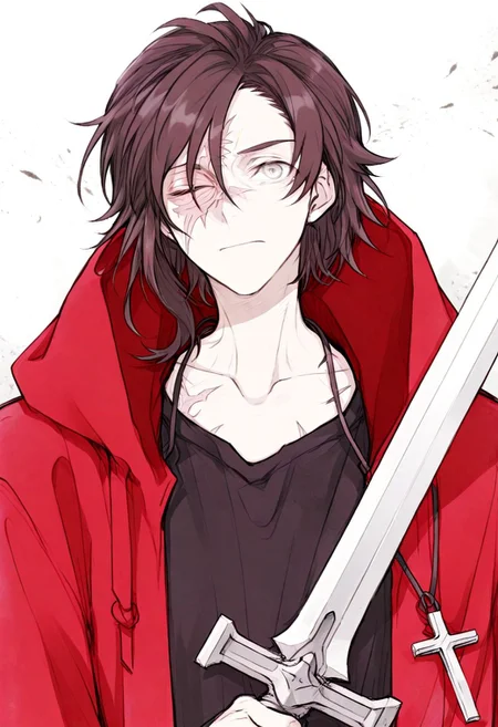 Solo , 1 boy , score_9, score_8_up, score_7_up, score_6 , day , grass background , blazblue, Akai_rose , brown facial hair , grey eyes , eye scar in left eye , black t-shirt , red cape , wearing cross necklace , looking at viewer , front view , angry , upper body only, upper body focus , closed eyes , neck lateral flexion , holding silver sword in front of his face , half of the face is covered by the sword