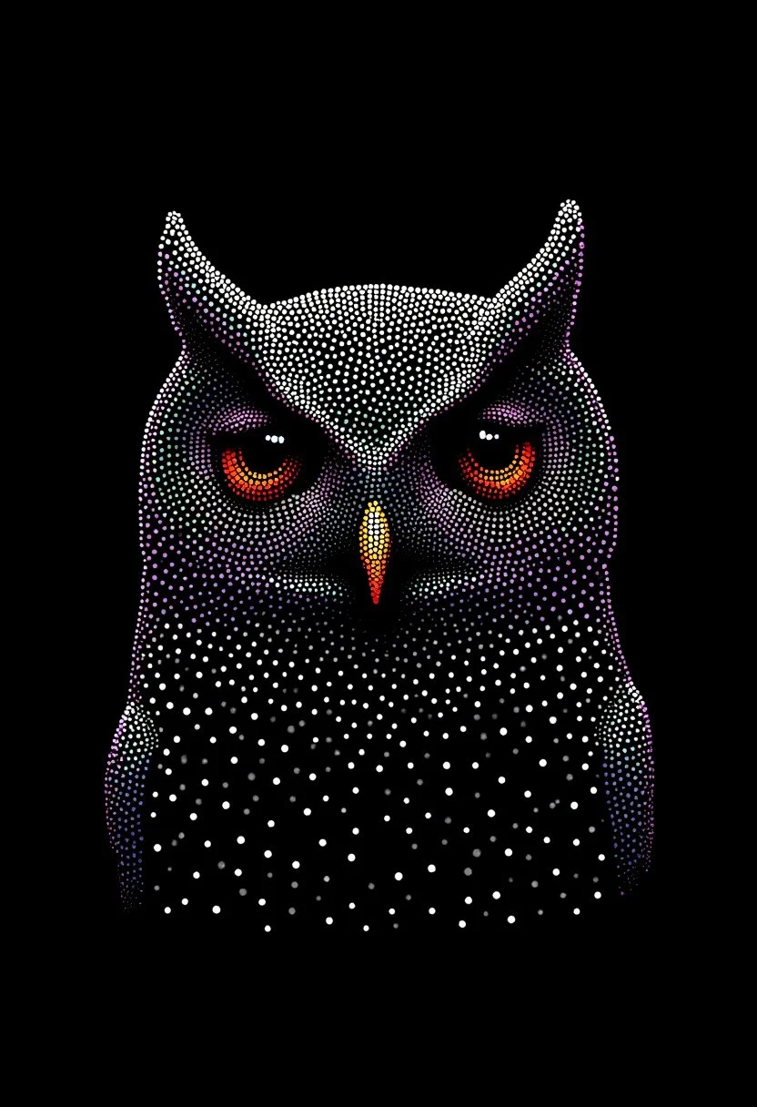A serene owl with wide, intense eyes, made from glowing dots, in the style of PSYCHDOT, isolated on a solid black background