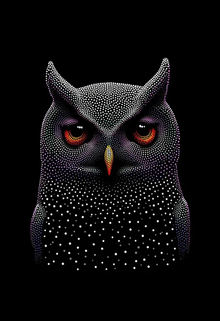 A serene owl with wide, intense eyes, made from glowing dots, in the style of PSYCHDOT, isolated on a solid black background