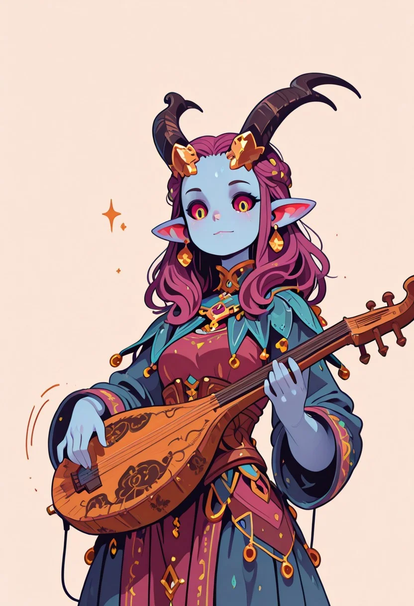 masterpiece,best quality,amazing quality, 1girl, solo, looking at viewer, simple background, haiz_ai, in the style of cknc, Flatline, Flat vector illustration,1girl,solo, alfira, alfiraOutfit, colored sclera, playing, music, lute,