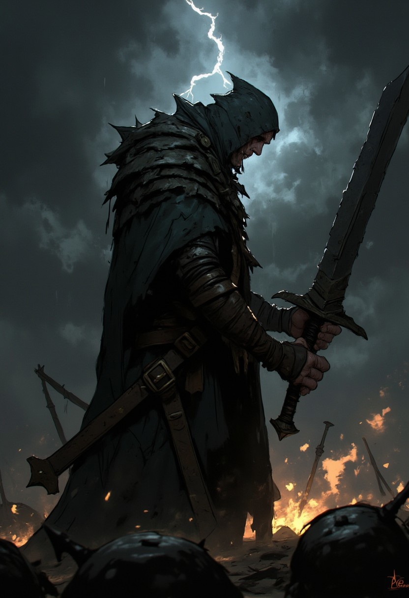 Ev Ganin style A highly detailed, cinematic side profile of a hooded Nazgûl, shrouded in tattered, dark robes and rusted, jagged armor, standing tall in a storm-lashed battlefield. The figure holds a massive, glowing sword high above his head, its blade crackling with malevolent energy. Dark, swirling storm clouds form an ominous backdrop, with fierce lightning illuminating the scene. The Nazgûl's face is hidden beneath the hood, obscured by swirling darkness, adding an air of mystery and dread. The rain pours heavily, creating an atmosphere of chaos and intensity. The composition is dramatic and gritty, with the Nazgûl standing in the center, embodying the relentless darkness of the storm and the hopelessness of the impending battle. The scene conveys a sense of dark determination, as the last glimmer of hope is overshadowed by the overwhelming power of the Nazgûl.
