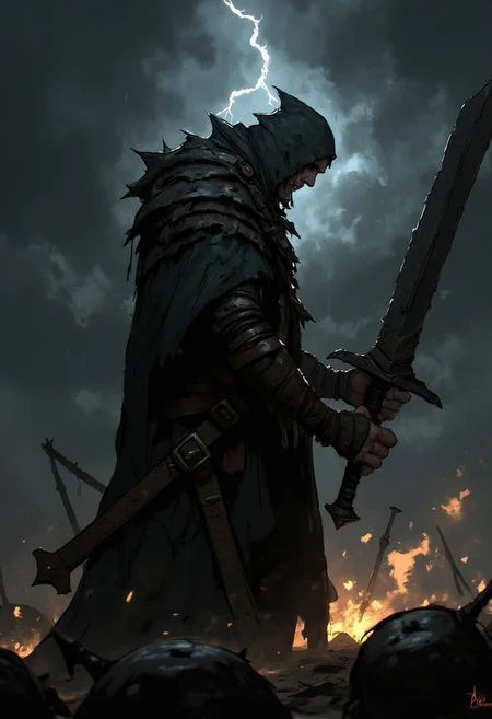 Ev Ganin style A highly detailed, cinematic side profile of a hooded Nazgûl, shrouded in tattered, dark robes and rusted, jagged armor, standing tall in a storm-lashed battlefield. The figure holds a massive, glowing sword high above his head, its blade crackling with malevolent energy. Dark, swirling storm clouds form an ominous backdrop, with fierce lightning illuminating the scene. The Nazgûl's face is hidden beneath the hood, obscured by swirling darkness, adding an air of mystery and dread. The rain pours heavily, creating an atmosphere of chaos and intensity. The composition is dramatic and gritty, with the Nazgûl standing in the center, embodying the relentless darkness of the storm and the hopelessness of the impending battle. The scene conveys a sense of dark determination, as the last glimmer of hope is overshadowed by the overwhelming power of the Nazgûl.