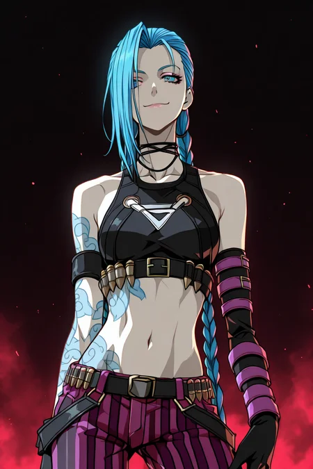 jinx, blue hair, pale skin, choker, smile, blue eyes, long blue twin pigtails, tattoo,crop top, sleeve, armbands, purple striped pants, gloves, belt, 1girl, solo, alone,<lora:dark_art_style_illustriousXL:1>, dark_art_style, masterpiece, highres