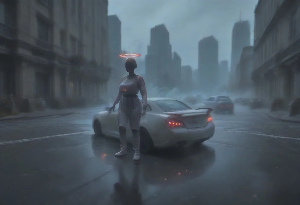 "Generate an image of a futuristic city at dusk, with sleek skyscrapers and neon lights reflecting off the wet pavement. In the foreground, a neon-lit wireframe model of a car speeds down a highway, leaving a trail of glowing blue lines behind it. The car is surrounded by a halo of light, with neon-lit circuits and wires visible beneath its transparent skin.
In the background, a giant neon-lit robot stands watch over the city, its wires and circuits glowing like a network of veins and arteries. The robot's body is a latticework of neon-lit wires and circuits, with glowing blue and pink lines tracing the contours of its shape.
To the left of the image, a person wearing a neon-lit exosuit or cybernetic armor stands on the edge of the highway, looking out over the city. The exosuit is a mesh of neon-lit wires and circuits, with glowing blue and pink lines tracing the contours of the person's body.
The color palette should be dark and muted, with neon lights providing the primary source of illumination. The neon lights should be bright and vibrant, with a range of colors including blue, pink, green, and purple. The overall mood should be one of excitement and energy, with a sense of possibility and discovery."