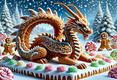 GBKnight, masterpiece, best quality, stunning detail, highly aesthetic, absurdres, A graceful Chinese dragon, its shimmering golden horns and delicate gingerbread scales, coils through a surreal field of digital codes roses. Its ethereal presence fills the air as its body glows softly with a sun light, perfectly complementing the vibrant gingerbread setting around it. The dragon's winding form reflects the gentle ripples of candy, filling the atmosphere with snow that enhance the enchanting scene. The snowflakes surround the dragon, their tranquil beauty blending seamlessly with its majesty to create a moment of peaceful introspection.