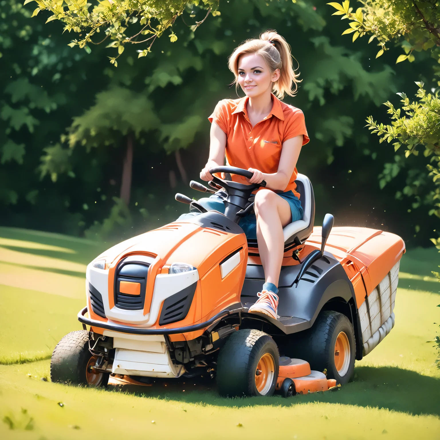score_9, score_8_up, score_7_up, rilamo (front view) , (slim 25yo female) riding a lawn mower. orange short dress, sneakers , short blonde ponytail <lora:RideLawnMowerPony:1>