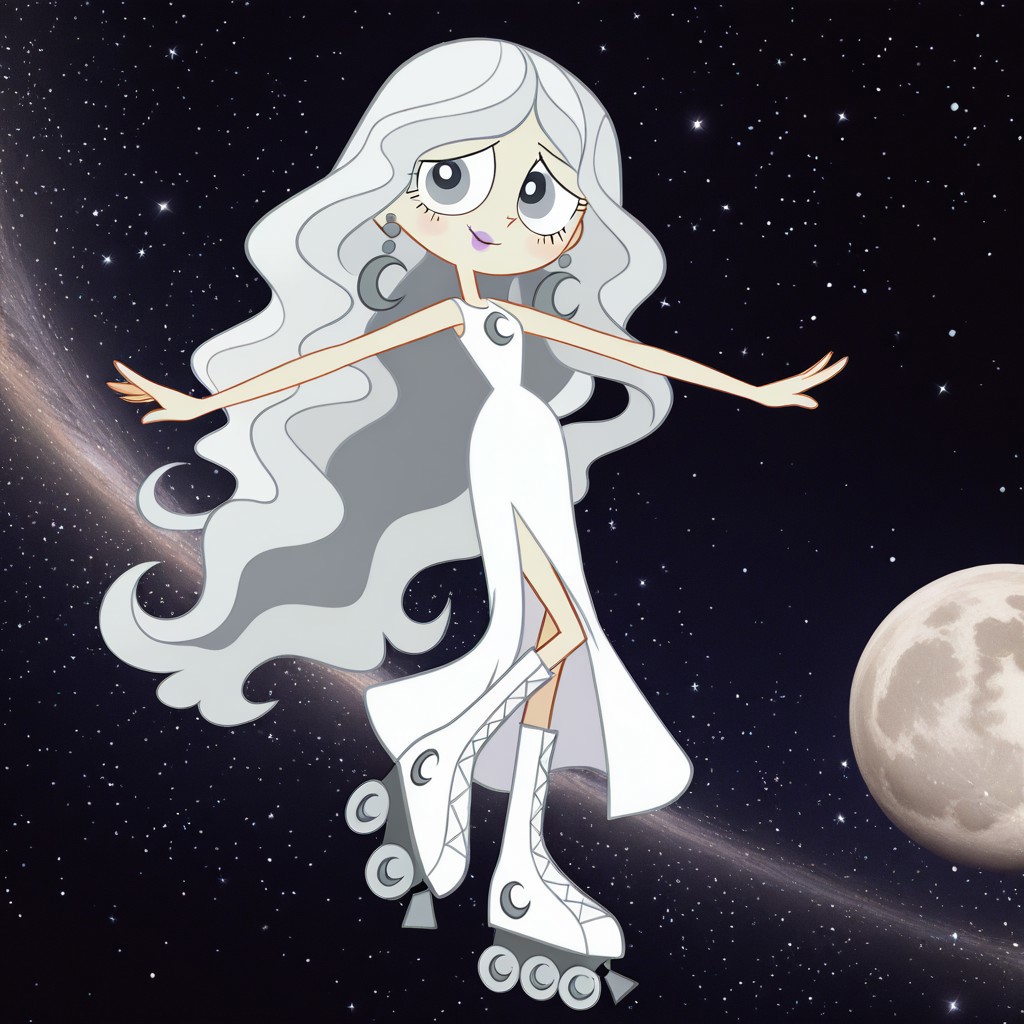 masterpiece, best quality, amazing quality, 
perfect cute face, on model, accurate art style, cartoon screencap, show accurate, moonmwatgg, 1girl, solo, white hair, long hair, wavy hair, gray eyes, light pink lipstick, crescent moon earrings, white sleeveless dress, long dress, white roller skates, full body, smile, looking at viewer, leg up, outstretched arms, space, stars