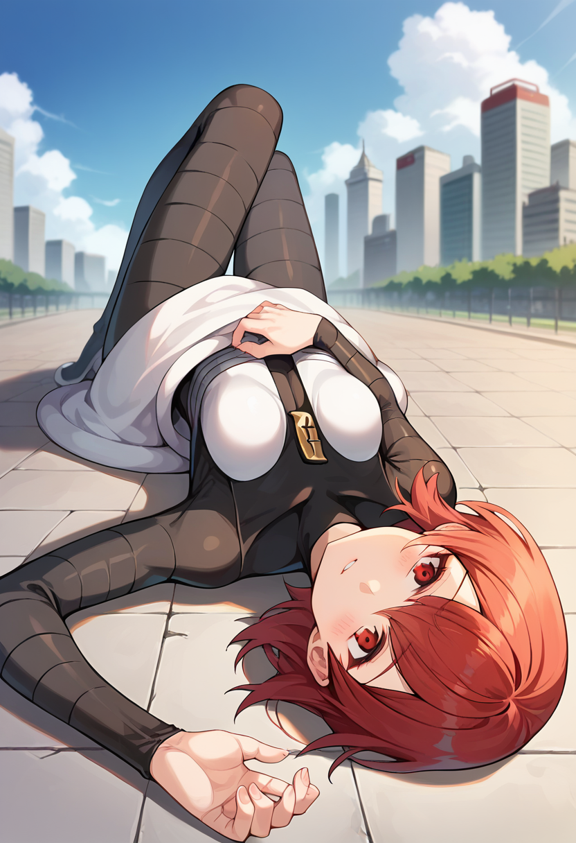score_9, score_8_up, score_7_up, source_anime, masterpiece, 1girl, red hair, ctianm4rs, bodysuit, white short dress, outdoors, city, depth of field, looking at viewer, lying, on ground, <lora:Mars_pokemon_pony_ct_version2:1>