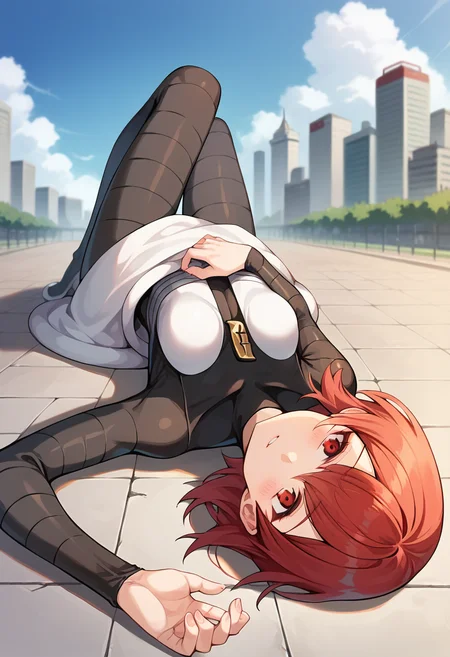 score_9, score_8_up, score_7_up, source_anime, masterpiece, 1girl, red hair, ctianm4rs, bodysuit, white short dress, outdoors, city, depth of field, looking at viewer, lying, on ground, <lora:Mars_pokemon_pony_ct_version2:1>