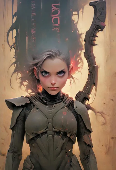 district 9 cover art style, Surreal Collage, vibrant Pastel Tones, Closeup Portrait, dystopian dune theme,
smiling Petite Female punisher stance aeldari, holding translucent scythe in ancient Sci-fi light, luminous digital letters starwars abyss devouring reality in the Background, dystopian Sci-fi Scene By Giger, ethereal, thermal, very detailed, HD,