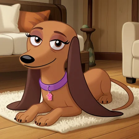 score_9, score_8_up, score_7, source_cartoon, Strudel(PP), Solo, 1girl, feral, dog, dachshund, brown fur, black eyes, long dog ears, black nose, dog tail, purple collar, pink dog tag, full body, looking at viewer, smile, lying on stomach, living room setting,