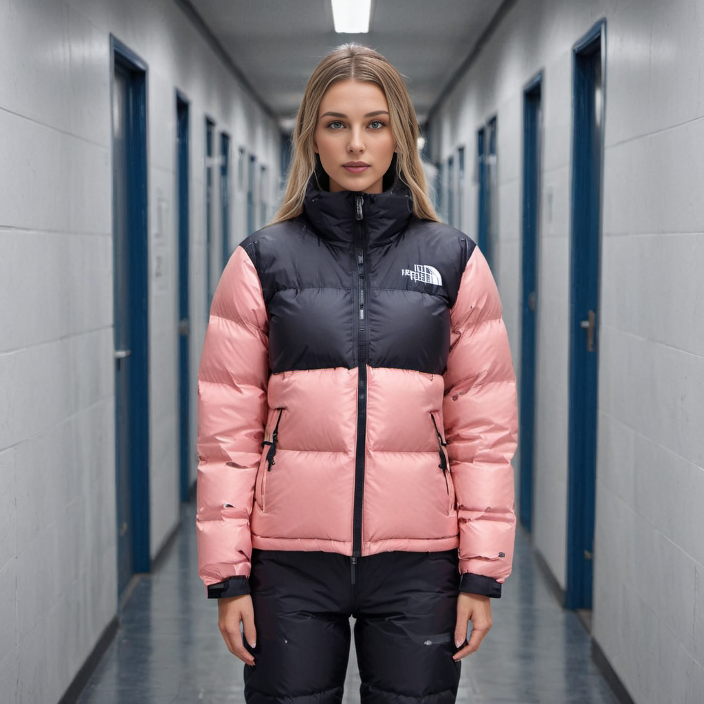 one nordic tall women wearing a tnf_nuptse jacket and   downsuit puffer_downsuit , hyperdetailed photography,4k textures,intricate details,4k resolution,  <lora:puffer_downsuit_v1:0.6> school corridor scene 
 <lora:pufferdown_tnf_nuptse:0.6>
