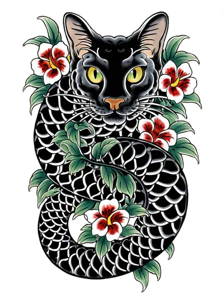 best quality, masterpiece,TBD,tattoo, a black snake with a (cat's head:1.2),flower, white background, <lora:TBD-000008:0.9>