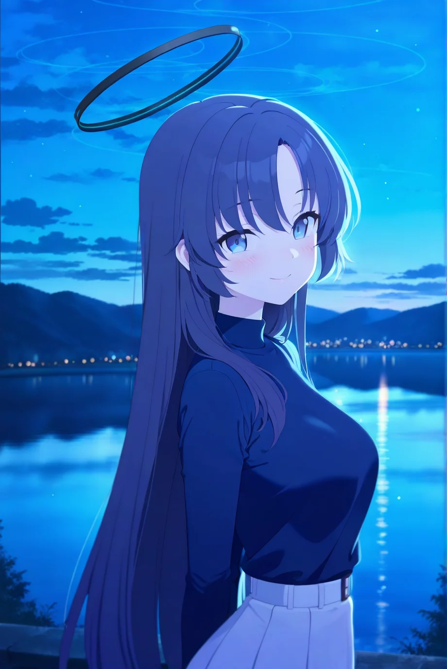 (1girl:1.1),solo,looking at viewer,blue archive animation style,looking_at_viewer,smile,Cinematic Lighting,(blurry:1.2),upper_body,blush,like it,arched_back,<lora:Blue Archive Animation Style:0.8>,night,(sky:1.1),high,(lake:1.2),front view,arms behind back,sensei \(blue archive\),, masterpiece,best quality,amazing quality,