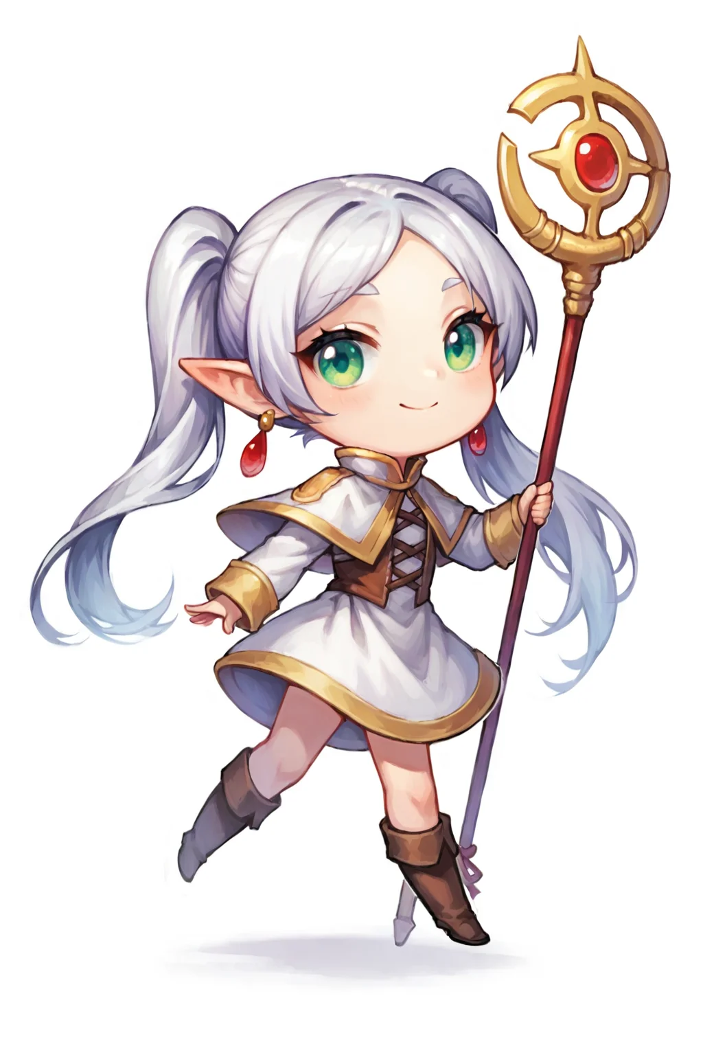 score_9, score_8_up, score_7_up, source_anime, highly detailed, 1girl, nereirfpnxl, frieren, chibi:0.3, pointy ears, green eyes, twintails, staff, very long hair, earrings, elf, white capelet, long sleeves, dress, white dress, simple background, white background, <lora:justduet_SDXLPONY_r70_768_dim32-a4-adamW-000009:0.6>, <lora:frieren_nereirfpnxl_pony_v2:0.3>
