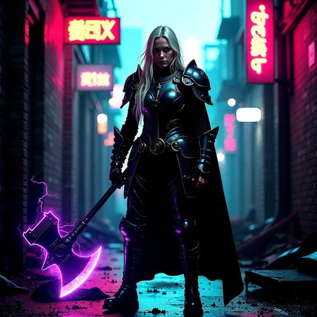 bizarropunk style, A female post-apocalypse vikingpunk paladin in futuristic plate armor holding a long axe, purple energy crackling around her and her armor, standing in a cyberpunk slum, apartment, her long blond he floats in the air.  <lora:fluxVikingPunk_v2:0.8> <lora:flux/aidmaImageUpgrader-FLUX-V0.1>, detailmaximizer, <lora:flux/Sinfully_Stylish_.02_for_FLUX-000002>,  <lora:flux/perfection style v1>, perfection style, <lora:Magic of Art  2  (FLUX)>, Cinematic style, Beauty, Realism, Photorealism, Chiaroscuro, High quality, <lora:scifi/Neon_Cyberpunk_Detailer_FLUX_multi_trigger:0.4>, holographic advertisement, neon sign, cyberlegs, mad-cbrpnk-dtlr, hologram, . unsettling and futuristic aesthetic with a blend of biomechanical and cybernetic enhancements, featuring distorted, surreal, and dreamlike elements, such as eerie landscapes, unsettling creatures, and transgressive body modifications. Inspired by the works of H.R. Giger and ZdzisÅaw BeksiÅski