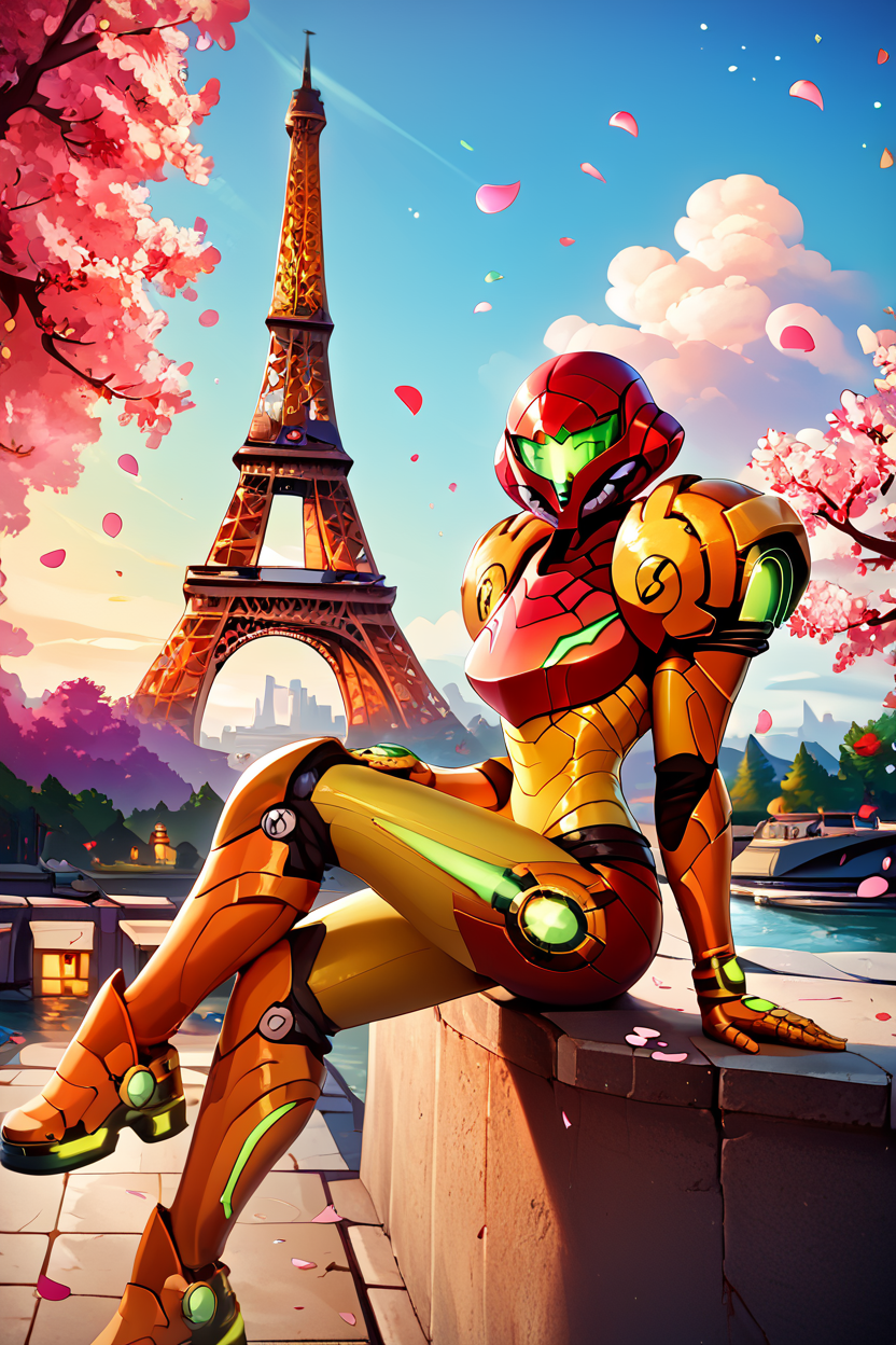 score_9, score_8_up, score_8, medium breasts, (curvy),   ,,, , ,,, zzSamus, varia suit, arm cannon, shoulder armor, pauldrons, armor, neon trim,  visor (armor), full armor,  <lora:SamusVariaSuit_PDXL:1.0>,     ,,,, BREAK, zzEiffelTower in background, sitting, watercraft, boat, sitting on wall, side view, looking at viewer, smile, ,,, BREAK, blooming stars, luminescent petals, otherworldly fragrance blurry background, ,,, embedding:zPDXL, Expressiveh, ,,, <lora:EiffelTowerPDXL:1.0>, <lora:CatalystStylePDXL:0.6>, <lora:SDXLFaeTastic2400:0.5>, <lora:Expressive_H-000001:0.4>,