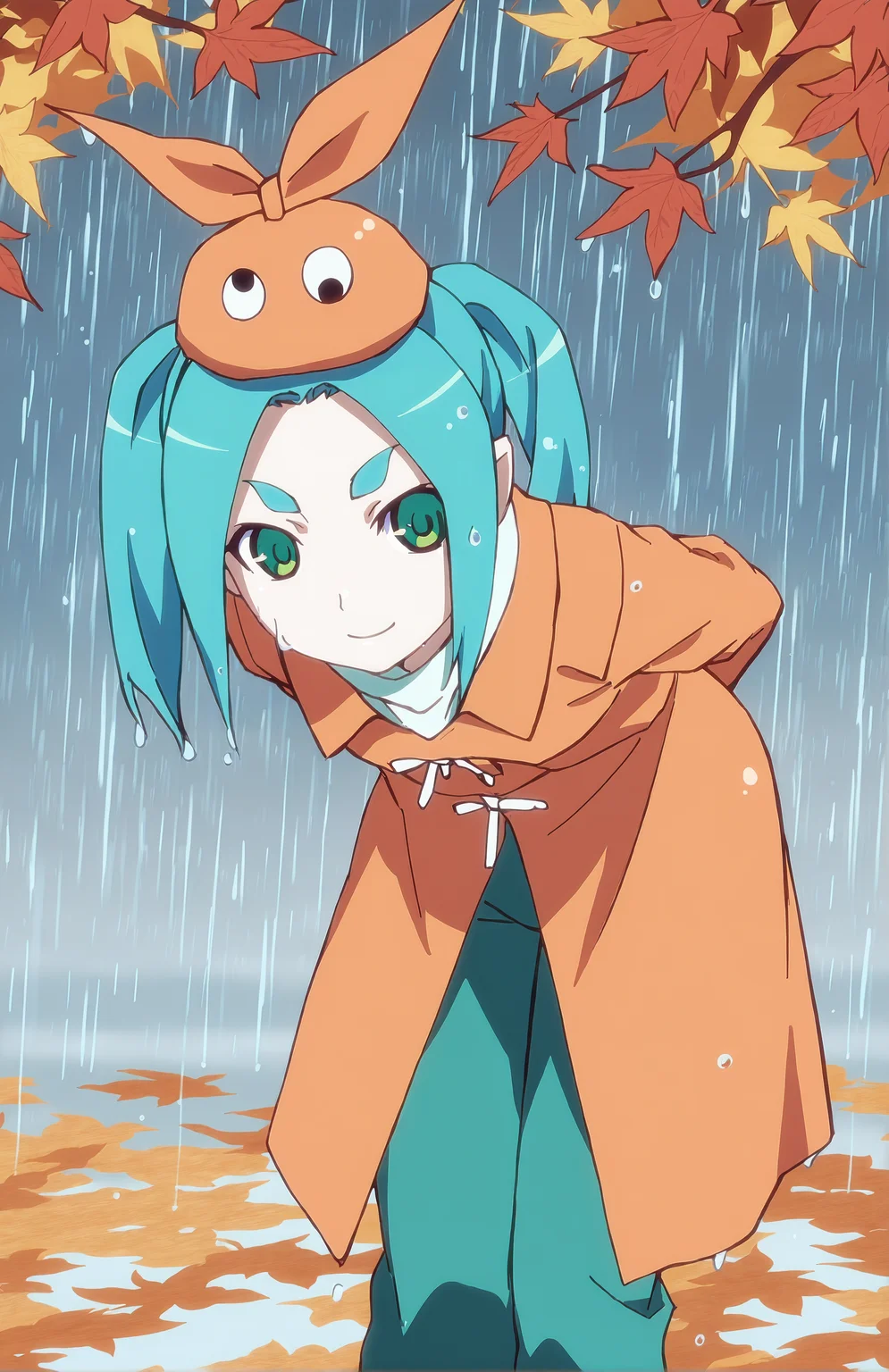 OnonokiYotsugi. 1girl, solo, aqua hair, twintails, green eyes, orange hat, ((orange coat, green pants)), autumn, rain, portrait, standing, smile, head tilted, hands behind back, bent over, wet hair
