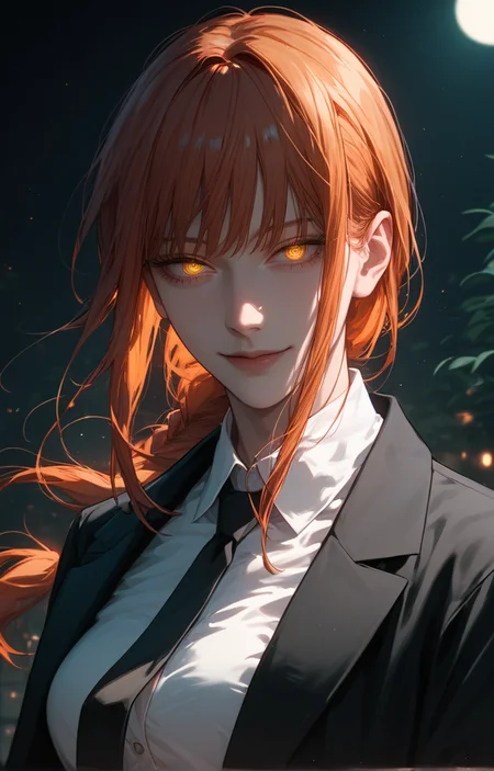 <lora:Expressive_H:1>,source_anime,score_9,score_8_up,score_7_up,score_6_up,score_5_up,score_4_up,
1girl,solo,style of chainsaw man,<lora:age_slider_v4:1.4>,tall female,long hair,bangs,pale skin,curvy,medium breasts,(smile:0.5),looking at viewer,black background,dark background,(dark theme:1.2),low light,(upper body:0.8),white collared shirt,buttons,black necktie,black formal pants,yellow eyes,orange hair,makima \(chainsaw man\),glowing eyes,black coat,close-up,(half-closed eyes:0.8),sidelighting,night,