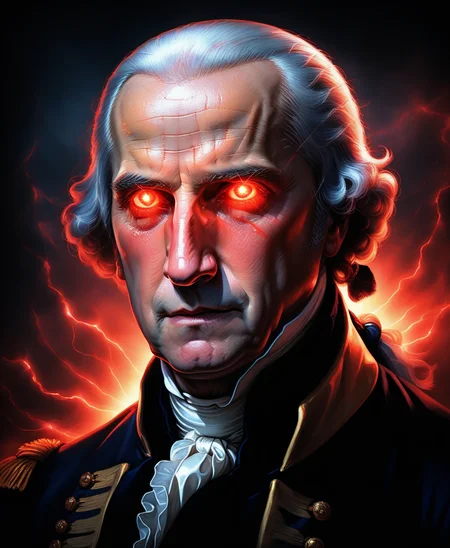 <lora:Glowing_eyes_portrait:0.7> george washington, red glowing eyes, dark background, lens flares for eyes, laser eyes portrait, digital painting, extremely bright eyes,