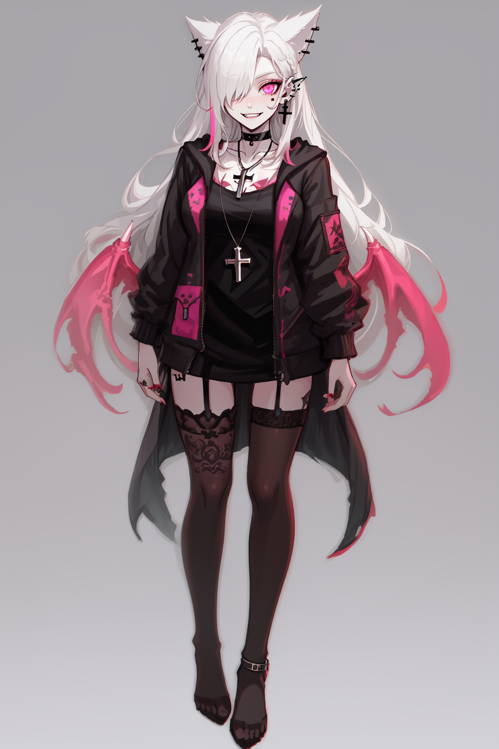 Goth girl, Goth girl 1girl 1girl,solo, adult, long hair,looking at viewer,smile,simple background,black hair,jewelry,white hair,multicolored hair,earrings,choker,pink eyes,grey background,necklace, (hair over one eye),two-tone hair,tattoo,fangs,piercing,cross,ear, piercing,(full body:1.5),stockings ,facial tattoo, dark background, simple background,   <lora:Goth_girl-v2:0.8>