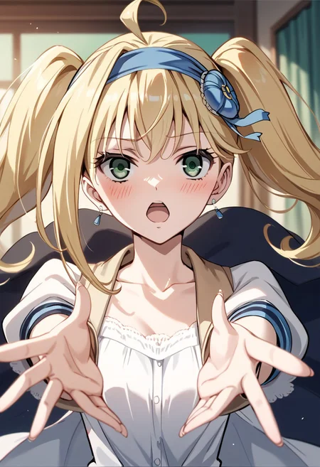 score_9, score_8_up, score_7_up, source_anime, ELIZABETH MIDFORD, LONG HAIR, TWIN TAILS,
1girl, long hair, blush, open mouth, blonde hair, twintails, jewelry, green eyes, ahoge, hairband, earrings, parody, outstretched arms, blue hairband