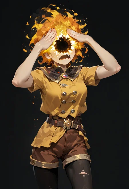 score_9, score_8_up, score_7_up,
lord_of_frenzy, fire head,
novakin, faceless, no eyes, no mouth, no nose, no facial features, short fiery yellow orange hair, body made of black plasma,
open hands, hands on face front,
hands on own head, 
magical girl outfit, steampunk dress, boots, (brown shorts:1.1), black tights, medium breasts, belt,
simple background, grey background,