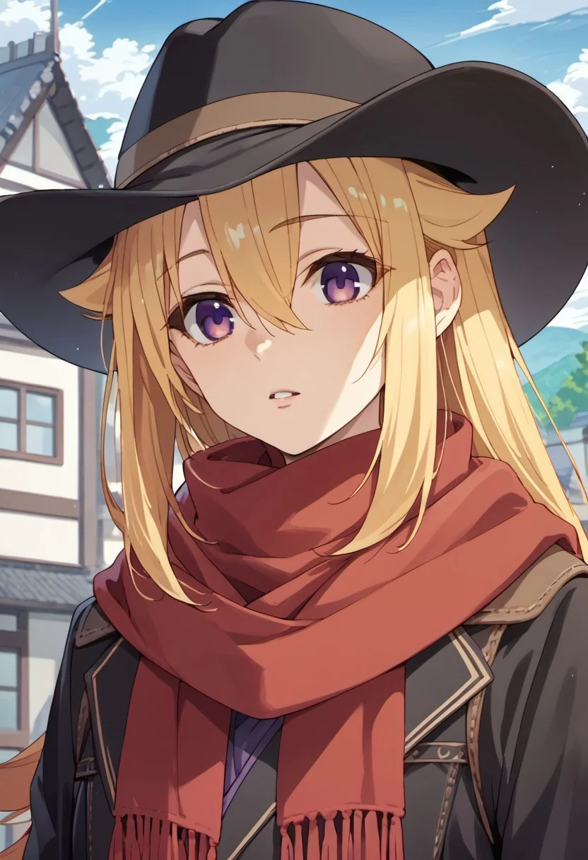 score_9, score_8_up, score_7_up, source_anime, koshi torako, long hair, blonde hair, purple eyes, 1girl, solo, hat, hair between eyes, red scarf, parted lips, scarf, day, outdoors, cowboy hat, black headwear, building