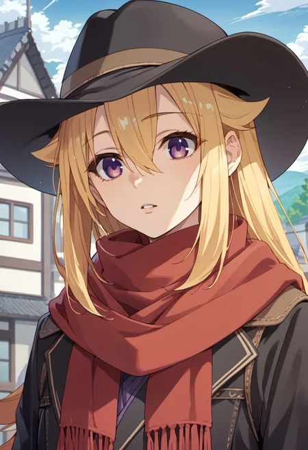 score_9, score_8_up, score_7_up, source_anime, koshi torako, long hair, blonde hair, purple eyes, 1girl, solo, hat, hair between eyes, red scarf, parted lips, scarf, day, outdoors, cowboy hat, black headwear, building