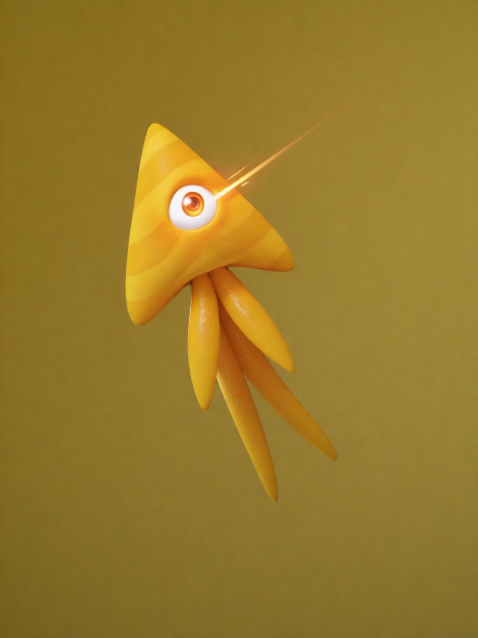 ILXLpos,solo,YellowWisp, bright yellow smooth triangular body, subtle horizontal stripes, large round single reddish-orange eye, Three elongated curved appendages extend from base resembling fins or tentacles,(heat vision,eyelaser),<lora:Laser Vision:1.2>,<lora:Yellow Wisp:1.0>
