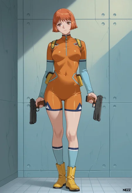 masterpiece, best quality, amazing quality, intricate, hyper-detailed, excellent, ultra-high resolution, absurdres,newes, (1girl, solo), <lora:Mezzo_ForteA_KITEV1:1>,,Mezzo Forte,
1girl, standing, brown eyes, orange hair female,
orange bodysuit, yellow boots, blue socks, holding gun, m_mikura ,