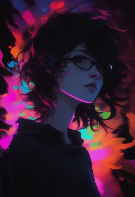 1girl, Homestuck, back lighting, dark, multicolored background, masterpiece, best quality, very aesthetic