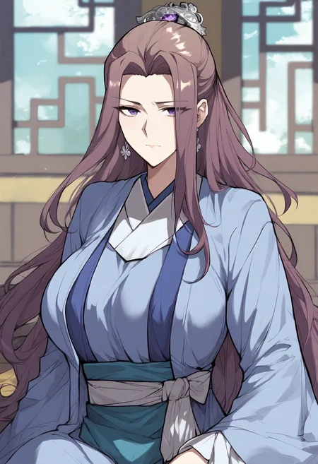 score_9, score_8_up, score_7_up, score_6_up, source_anime, rating_explicit, 1girl, (solo:1.1), huge breasts, <lora:Kyung Hee prefectPonyxl:0.8> long hair, purple hair, earrings, brown hair, purple eyes, hair ornament, single hair bun, chinese clothes, sky blue robe, long sleeves, wide sleeves, sash, expressionless, indoors, looking at viewer