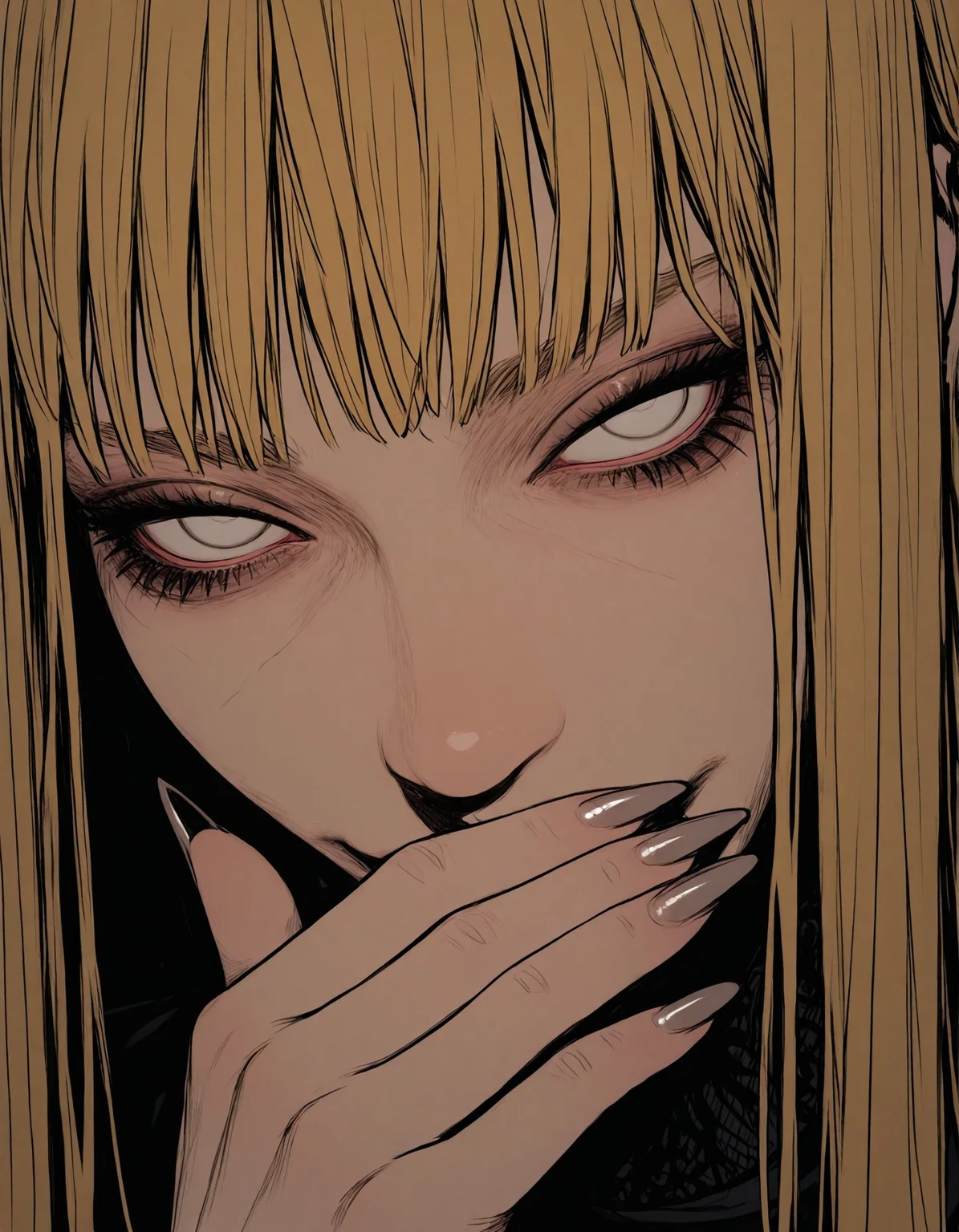 sinner2, solo, blonde_hair, 1girl, claws, fingernails, long_hair, 1boy, male_focus, white_eyes, long_fingernails, sharp_fingernails, realistic, no_pupils, looking_at_viewer, face, covering_mouth, detailed lighting, masterpiece, best quality, beautifully drawn, elegantly detailed, 8k, newest, sinner2, <lora:93c134cc-97e6-4e59-b3aa-eb026cc9598c:0.9>