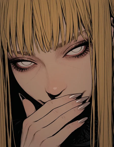 sinner2, solo, blonde_hair, 1girl, claws, fingernails, long_hair, 1boy, male_focus, white_eyes, long_fingernails, sharp_fingernails, realistic, no_pupils, looking_at_viewer, face, covering_mouth, detailed lighting, masterpiece, best quality, beautifully drawn, elegantly detailed, 8k, newest, sinner2, <lora:93c134cc-97e6-4e59-b3aa-eb026cc9598c:0.9>