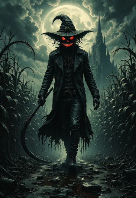 Gothic surrealism, dynamic low-angle shot: Jack-o'lantern, An ominous scarecrow with pumpkin head, in a tattered black trench coat with jagged edges, mid-stride, wide-brimmed witch hat casting deep shadows, glowing red eyes burning with malice, sharp, jagged grin gleaming, walking purposefully through a desolate, mist-shrouded cornfield, with a scythe in his hands, dead cornstalks clawing upwards like skeletal hands, dark puddles reflecting his eerie figure, sharp teeth, evil smile, full moon high above casting cold, silver light, dark clouds swirling ominously, the silhouette of a distant haunted gothic castle with towering spires looming on the horizon, dead twisted trees surrounding the scene, muted dark tones, deep contrasting shadows, eerie and foreboding atmosphere, tension and fear building with every step.