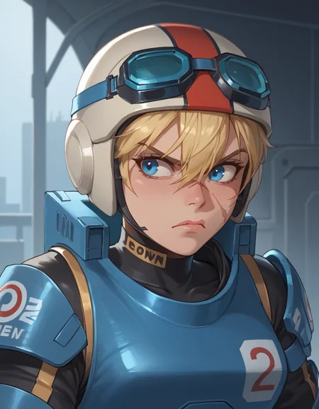 (embedding:Pony\Pony_PDXL_Negative_Embeddings\zPDXL2),1girl,black bodysuit,blue bodysuit,black gloves,blue gloves,two-tone gloves,helmet,goggles,headshot,eye_focus,blonde hair,blue eyes,short hair,science fiction,goggles on head,scar on face,blue cropped jacket,scar on cheek,looking to the side,disappointed,disgust,raised eyebrow <lora:MyTrainings\Temp\Wattson_Wired_for_Speed_XL_Pony\Wattson_Wired_for_Speed_XL_Pony.safetensors:0.7>