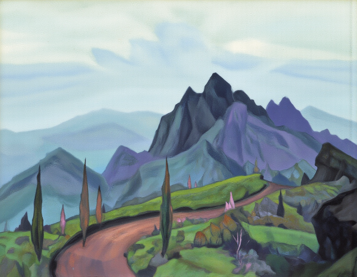 <lora:rerikh:1>, This image is a digital rendering of a surreal landscape painting in the style of the Canadian Group of Seven, characterized by its bold, expressive use of color and texture. The scene depicts a rugged, mountainous terrain with a prominent central peak. The peak is a dark, jagged rock formation that stands out against the lighter, green and purple hues of the surrounding landscape. 
The background features a serene, expansive sky with soft, pastel clouds that stretch across the top half of the image. The sky transitions from a light blue at the top to a darker blue near the horizon, creating a sense of depth and vastness.
The foreground is dominated by a winding dirt path that leads up to the central peak. The path is flanked by several tall, slender trees with elongated, pointed tops, painted in a mix of green, brown, and pink hues. These trees are spaced irregularly, adding to the surreal and dreamlike quality of the scene.
The overall palette of the painting is rich and vibrant, with deep greens, purples, and blues contrasting with the lighter sky and the earthy tones of the path and trees. The texture is smooth, with a slight impressionistic quality that enhances the sense of movement and light.