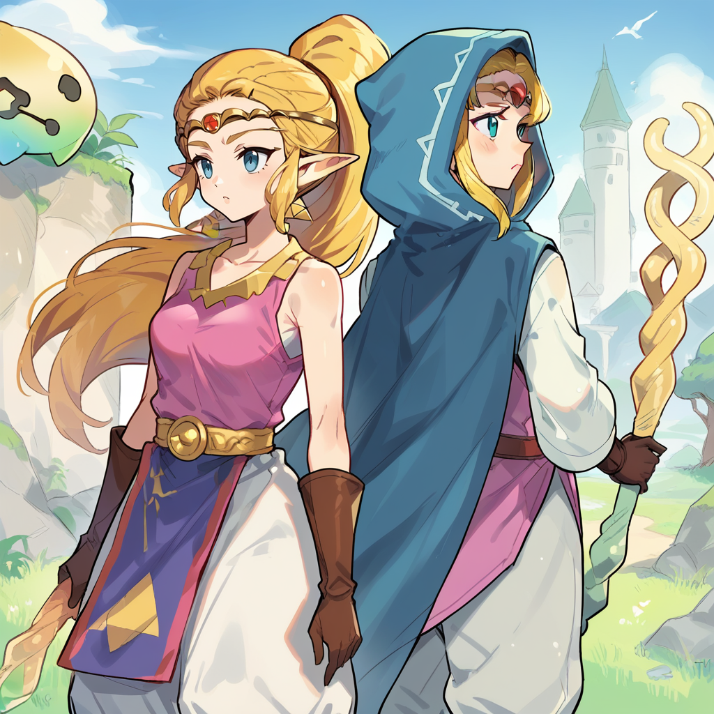 score_9, score_8_up, score_7_up, score_6_up, score_5_up, score_4_up, zPDXL2,source_anime,rating_questionable, 2girls, back to back, outdoors, cowboy shot, <lora:Princess_Zelda_-_Echoes_of_Wisdom_r1:1>
1girl, Zelda_EoW, princess zelda, blue eyes, blonde hair, long hair, cloak, hood up, holding staff, hooded cape, long sleeves, white shirt, circlet
1girl, Zelda_EoW, princess zelda, blue eyes, pointy ears, high ponytail, blonde hair, sleeveless, brown gloves,  white pants, circlet, collarbone, triforce, brown boots, tabard,  bare shoulders, pink shirt, belt,