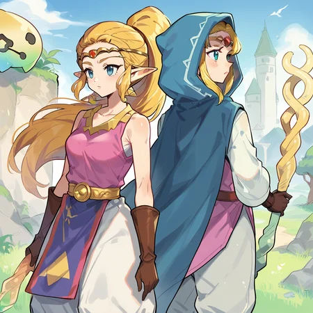 score_9, score_8_up, score_7_up, score_6_up, score_5_up, score_4_up, zPDXL2,source_anime,rating_questionable, 2girls, back to back, outdoors, cowboy shot, <lora:Princess_Zelda_-_Echoes_of_Wisdom_r1:1>
1girl, Zelda_EoW, princess zelda, blue eyes, blonde hair, long hair, cloak, hood up, holding staff, hooded cape, long sleeves, white shirt, circlet
1girl, Zelda_EoW, princess zelda, blue eyes, pointy ears, high ponytail, blonde hair, sleeveless, brown gloves, white pants, circlet, collarbone, triforce, brown boots, tabard, bare shoulders, pink shirt, belt,