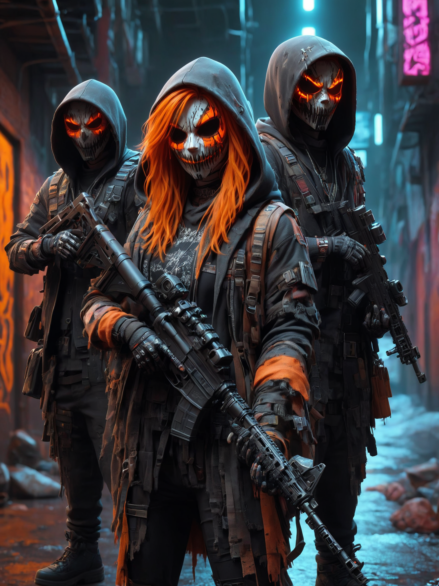 cinematic shot, dramatic lighting, 2men and 2women, mad-hllwnrs, scary mask, hoodie, hood-up, orange hair, dynamic pose, (holding rifle:1.3), dimly lit, futuristic urban alleyway, garbage, filith, neon lights, graffiti-covered walls <lora:Neon_Cyberpunk_SDXL_Halloweener:0.8>, (masterpiece:1.2), best quality, (hyperdetailed, highest detailed:1.2), high resolution textures