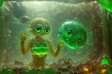 (indistinguishable from reality:1.4) (1girl looking) at scifi (fish:1.35)) with Light Green in aquarium, (hands on glass:1.45)), focus on hands, see-through (fishs) Light Orange <lora:GelatinTech:1.45>, twisted, weird, laughing like crazy, (big eyes:1.4)), art in tim burton style, isometric fractal Bioluminicense, fibonacci golden ratio