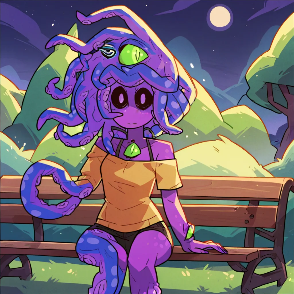 score_9, woman sitting on a park bench at night, <lora:(Monster Prom) - Zoe XL:1> zoe z'gord, colored skin, monster girl, tentacle hair, colored sclera, tentacles, black eyes, extra eyes, black sclera, no nose,