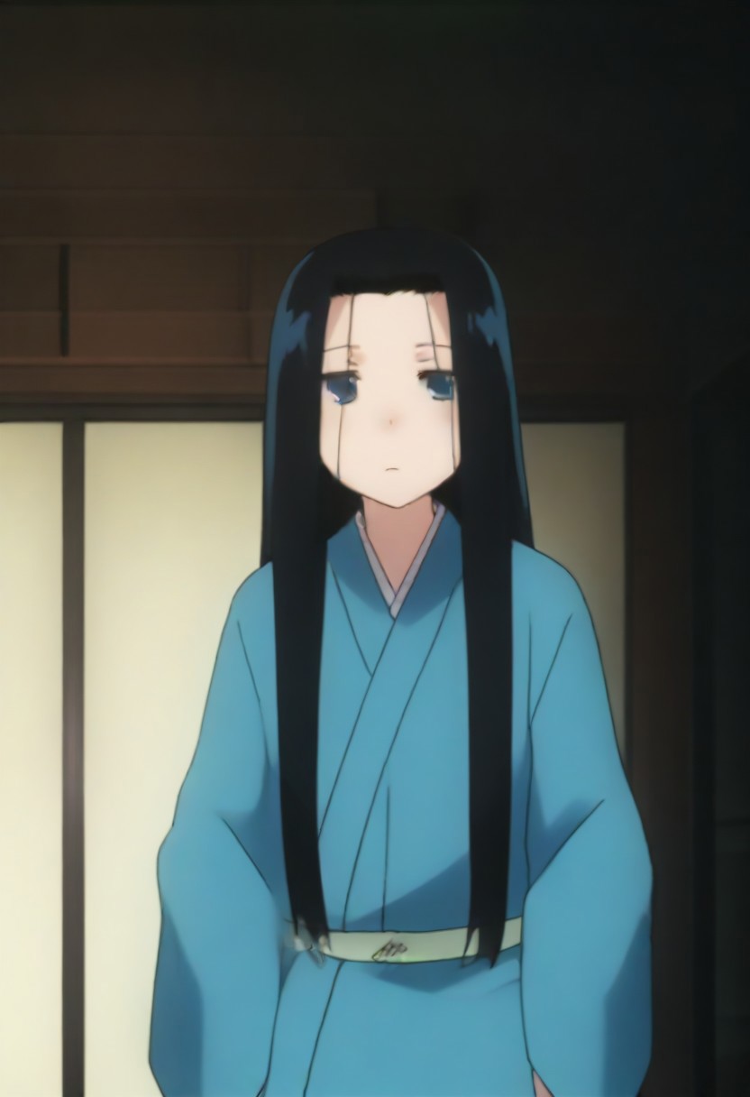 Masterpiece, Top Quality, source_anime, anime screencap, source_anime, auratheguillotine, anime screencap, masterpiece, source_anime, shiny skin,,,,anrakutei, blue_eyes, black_hair, very_long_hair, blue_kimono, long_sleeves, wide_sleeves,